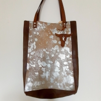 Shopper leer & koeienhuid - geruwd bruin & silverstamps