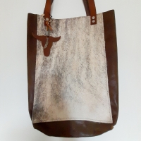 Shopper leer & koeienhuid - geruwd bruin & birdol