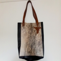 Shopper leer & koeienhuid - zwart & birdol 3