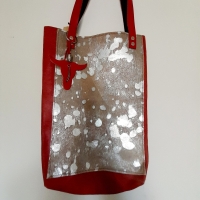 Shopper leer & koeienhuid - geruwd rood & silverstamps