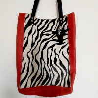 Shopper leer & koeienhuid - geruwd rood & zebra 1
